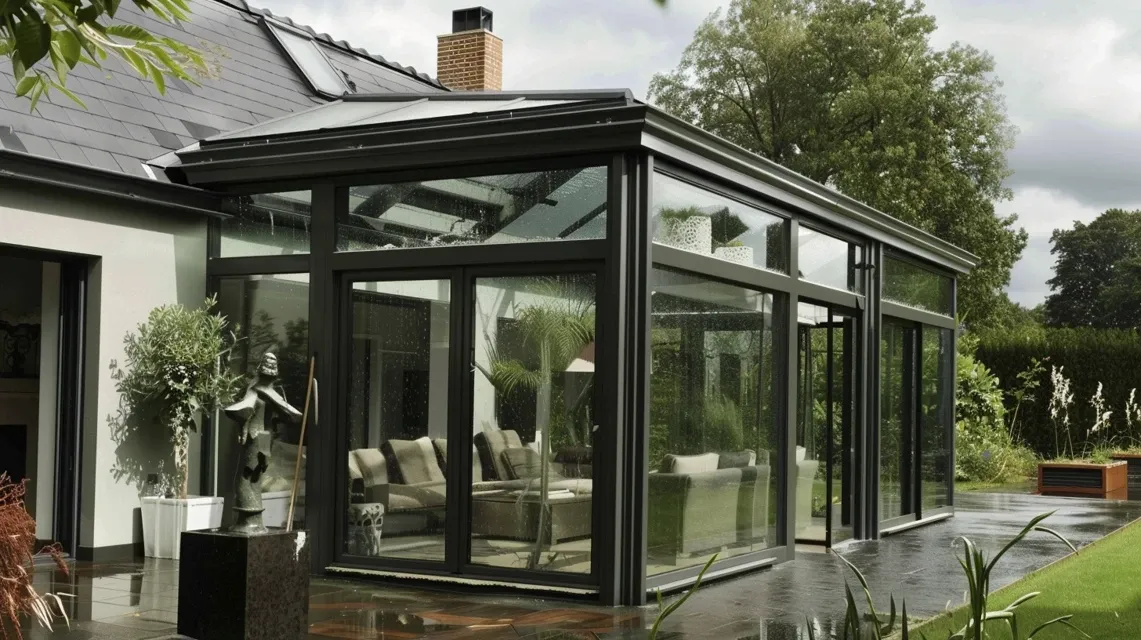 Ogród zimowy podczas ulewnego deszczu